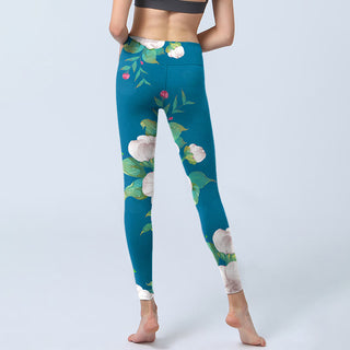Buddha Gift Blue White Flowers Leaves Print Sports Leggings Women's Yoga Pants