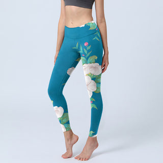 Buddha Gift Blue White Flowers Leaves Print Sports Leggings Women's Yoga Pants