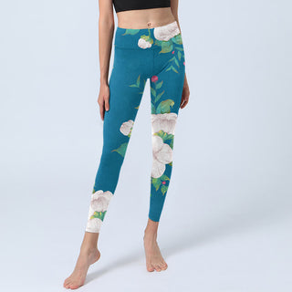 Buddha Gift Blue White Flowers Leaves Print Sports Leggings Women's Yoga Pants
