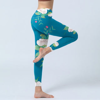 Buddha Gift Blue White Flowers Leaves Print Sports Leggings Women's Yoga Pants