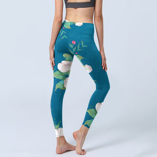 Buddha Gift Blue White Flowers Leaves Print Sports Leggings Women's Yoga Pants
