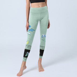 Buddha Gift Mint Green Blue Peony Butterfly Print Sports Leggings Women's Yoga Pants