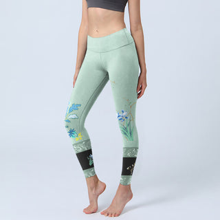 Buddha Gift Mint Green Blue Peony Butterfly Print Sports Leggings Women's Yoga Pants