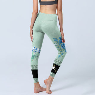 Buddha Gift Mint Green Blue Peony Butterfly Print Sports Leggings Women's Yoga Pants