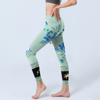 Buddha Gift Mint Green Blue Peony Butterfly Print Sports Leggings Women's Yoga Pants