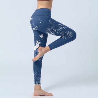 Buddha Gift Blue Rose Butterfly Print Sports Leggings Women's Yoga Pants