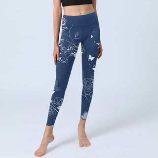 Buddha Gift Blue Rose Butterfly Print Sports Leggings Women's Yoga Pants