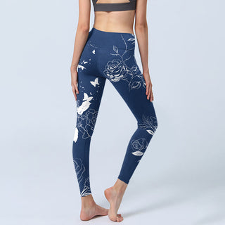 Buddha Gift Blue Rose Butterfly Print Sports Leggings Women's Yoga Pants