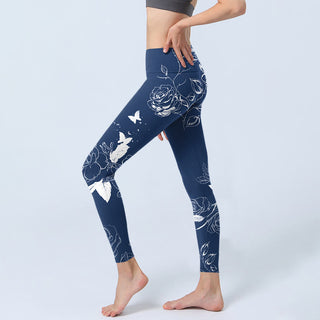 Buddha Gift Blue Rose Butterfly Print Sports Leggings Women's Yoga Pants