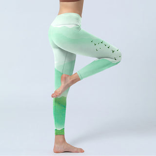 Buddha Gift Mint Cream Mountains Wild Goose Print Sports Leggings Women's Yoga Pants