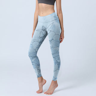 Buddha Gift Blue Flower Sketch Print Sports Leggings Women's Yoga Pants