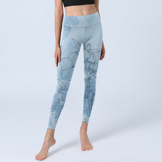 Buddha Gift Blue Flower Sketch Print Sports Leggings Women's Yoga Pants