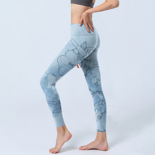 Buddha Gift Blue Flower Sketch Print Sports Leggings Women's Yoga Pants