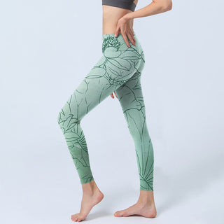 Buddha Gift Green Lotus Flower Print Sports Leggings Women's Yoga Pants