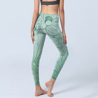 Buddha Gift Green Lotus Flower Print Sports Leggings Women's Yoga Pants