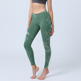 Buddha Gift Green White Bamboo Leaves Print Gym Leggings Women's Yoga Pants