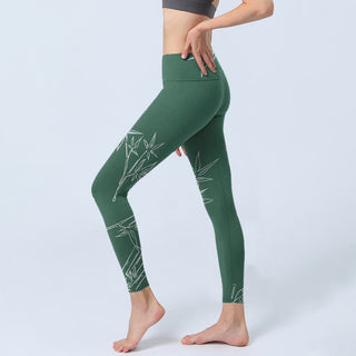 Buddha Gift Green White Bamboo Leaves Print Gym Leggings Women's Yoga Pants