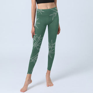 Buddha Gift Green White Bamboo Leaves Print Gym Leggings Women's Yoga Pants