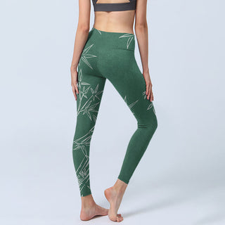 Buddha Gift Green White Bamboo Leaves Print Gym Leggings Women's Yoga Pants