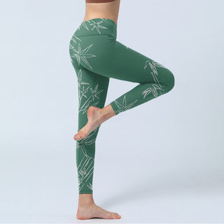 Buddha Gift Green White Bamboo Leaves Print Gym Leggings Women's Yoga Pants
