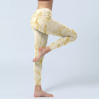 Buddha Gift Beige Flower Vine Print Gym Leggings Women's Yoga Pants