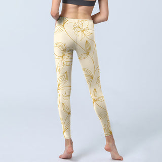 Buddha Gift Beige Flower Vine Print Gym Leggings Women's Yoga Pants