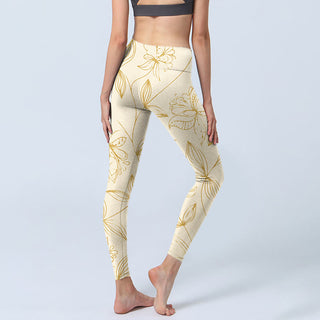 Buddha Gift Beige Flower Vine Print Gym Leggings Women's Yoga Pants