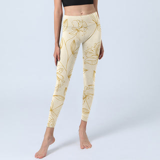 Buddha Gift Beige Flower Vine Print Gym Leggings Women's Yoga Pants