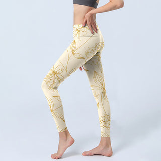 Buddha Gift Beige Flower Vine Print Gym Leggings Women's Yoga Pants