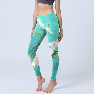 Buddha Gift Mint Green Mountain Crane Print Fitness Leggings Women's Yoga Pants