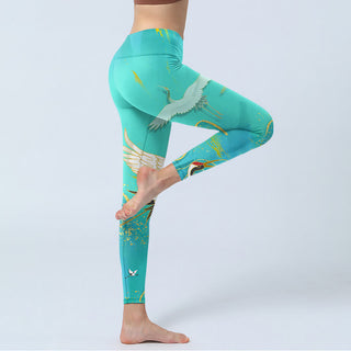 Buddha Gift Mint Green Mountain Crane Print Fitness Leggings Women's Yoga Pants