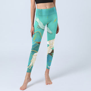 Buddha Gift Mint Green Mountain Crane Print Fitness Leggings Women's Yoga Pants