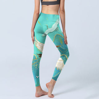 Buddha Gift Mint Green Mountain Crane Print Fitness Leggings Women's Yoga Pants