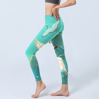 Buddha Gift Mint Green Mountain Crane Print Fitness Leggings Women's Yoga Pants