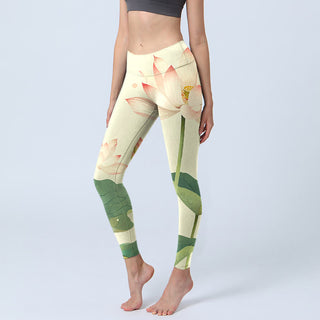 Buddha Gift Lotus Flower Leaf Dragonfly Print Fitness Leggings Women's Yoga Pants
