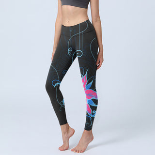 Buddha Gift Black Pink Blue Flowers Print Fitness Leggings Women's Yoga Pants