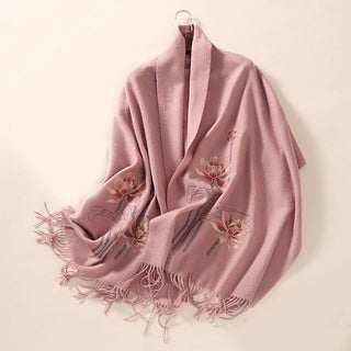 Buddha Gift Wool Shawl Lotus Embroidery Tassel Winter Cozy Travel Scarf Wrap