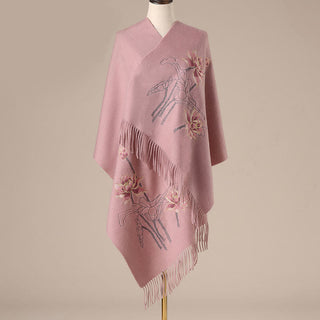 Buddha Gift Wool Shawl Lotus Embroidery Tassel Winter Cozy Travel Scarf Wrap