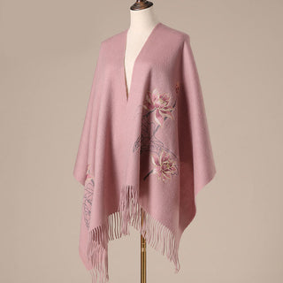 Buddha Gift Wool Shawl Lotus Embroidery Tassel Winter Cozy Travel Scarf Wrap