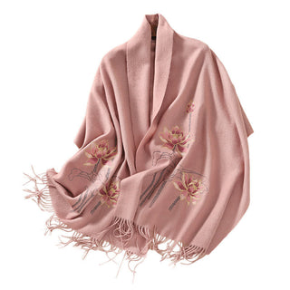Buddha Gift Wool Shawl Lotus Embroidery Tassel Winter Cozy Travel Scarf Wrap