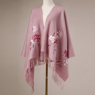 Buddha Gift Wool Shawl Pink Lotus Embroidery Tassel Winter Cozy Travel Scarf Wrap