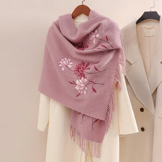 Buddha Gift Wool Shawl Pink Lotus Embroidery Tassel Winter Cozy Travel Scarf Wrap