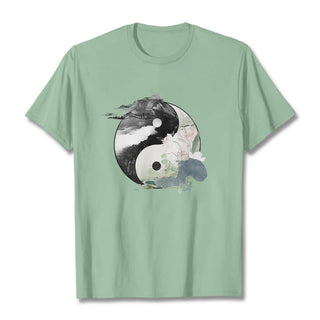 Buddha Gift Yin Yang Lotus Leaf Ink Painting Cotton Tee T-shirt