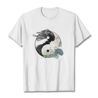 Buddha Gift Yin Yang Lotus Leaf Ink Painting Cotton Tee T-shirt
