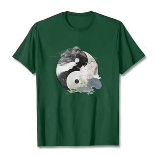 Buddha Gift Yin Yang Lotus Leaf Ink Painting Cotton Tee T-shirt