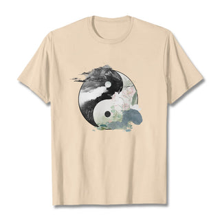 Buddha Gift Yin Yang Lotus Leaf Ink Painting Cotton Tee T-shirt