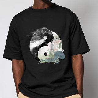 Buddha Gift Yin Yang Lotus Leaf Ink Painting Cotton Tee T-shirt