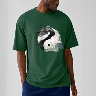 Buddha Gift Yin Yang Lotus Leaf Ink Painting Cotton Tee T-shirt