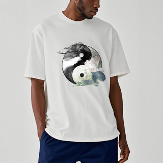 Buddha Gift Yin Yang Lotus Leaf Ink Painting Cotton Tee T-shirt