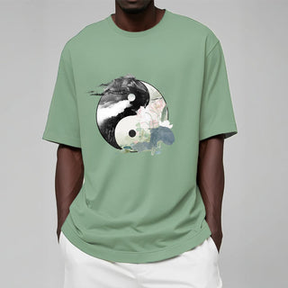 Buddha Gift Yin Yang Lotus Leaf Ink Painting Cotton Tee T-shirt